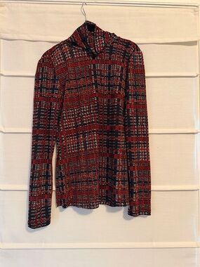 DKNY Plaid Ribbed Knit Top — Red, Navy & Cream